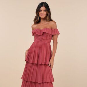 Lulus Always Remarkable Rusty Rose Pleated Off-the-shoulder Maxi Dress Pink